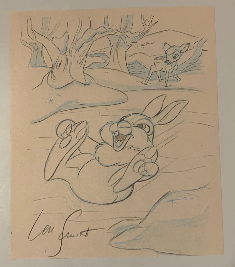 Lot 299: Disney Bambi & Thumper Pencil Concept Color Drawing Animator Len Smith Signed