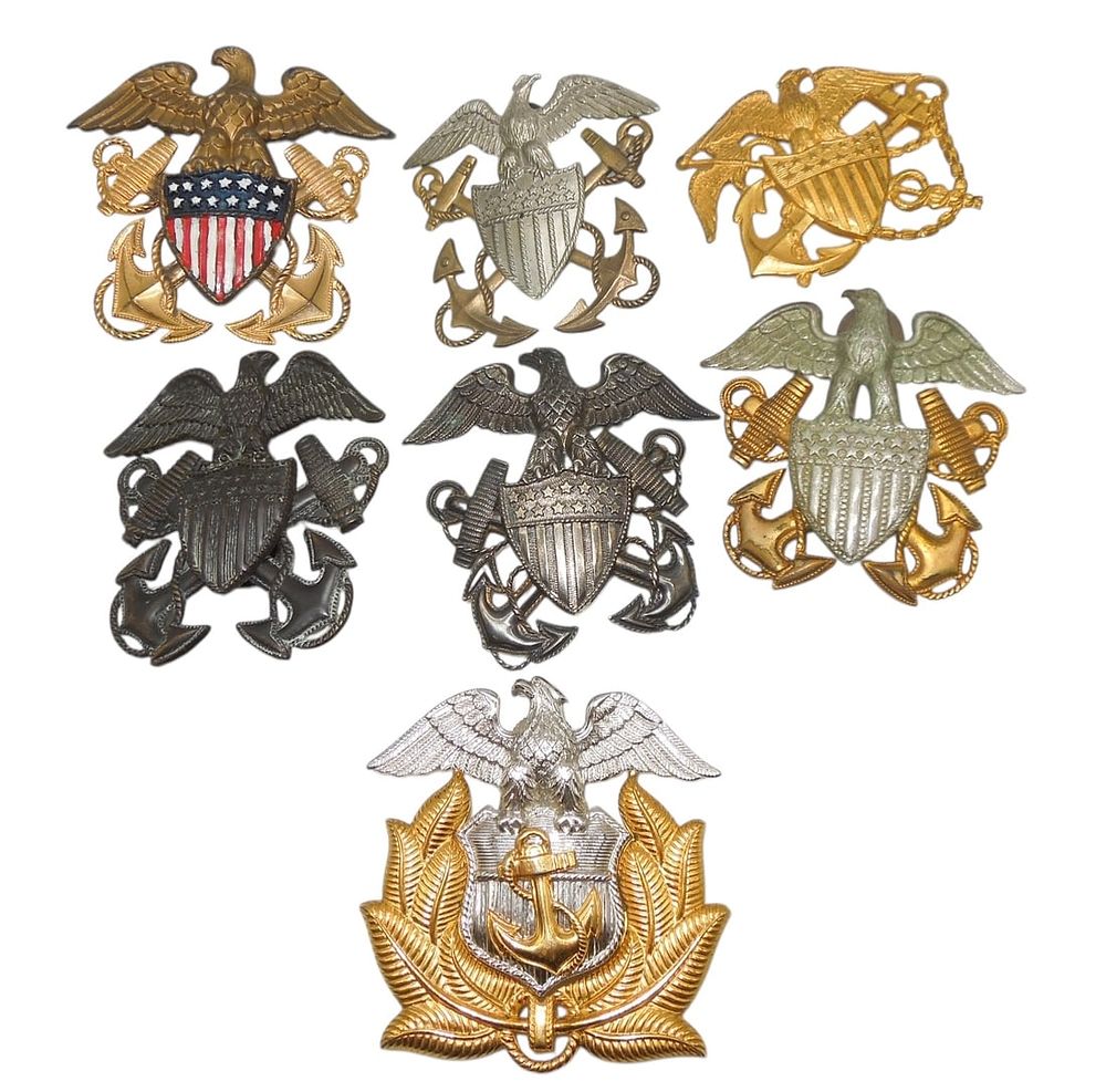Lot 167: Lot (7) WWII US Navy Merchant Marine USPHS Officer Cap Badges