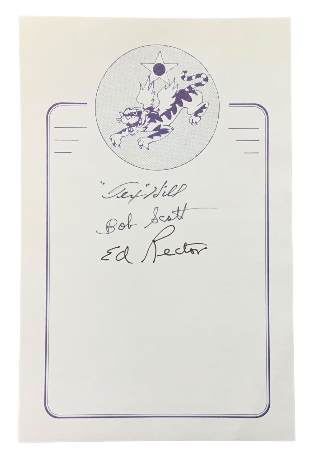 Lot 229: WWII Flying Tigers AVG Signed Signatures Hill, Scott, Rector Book Plate