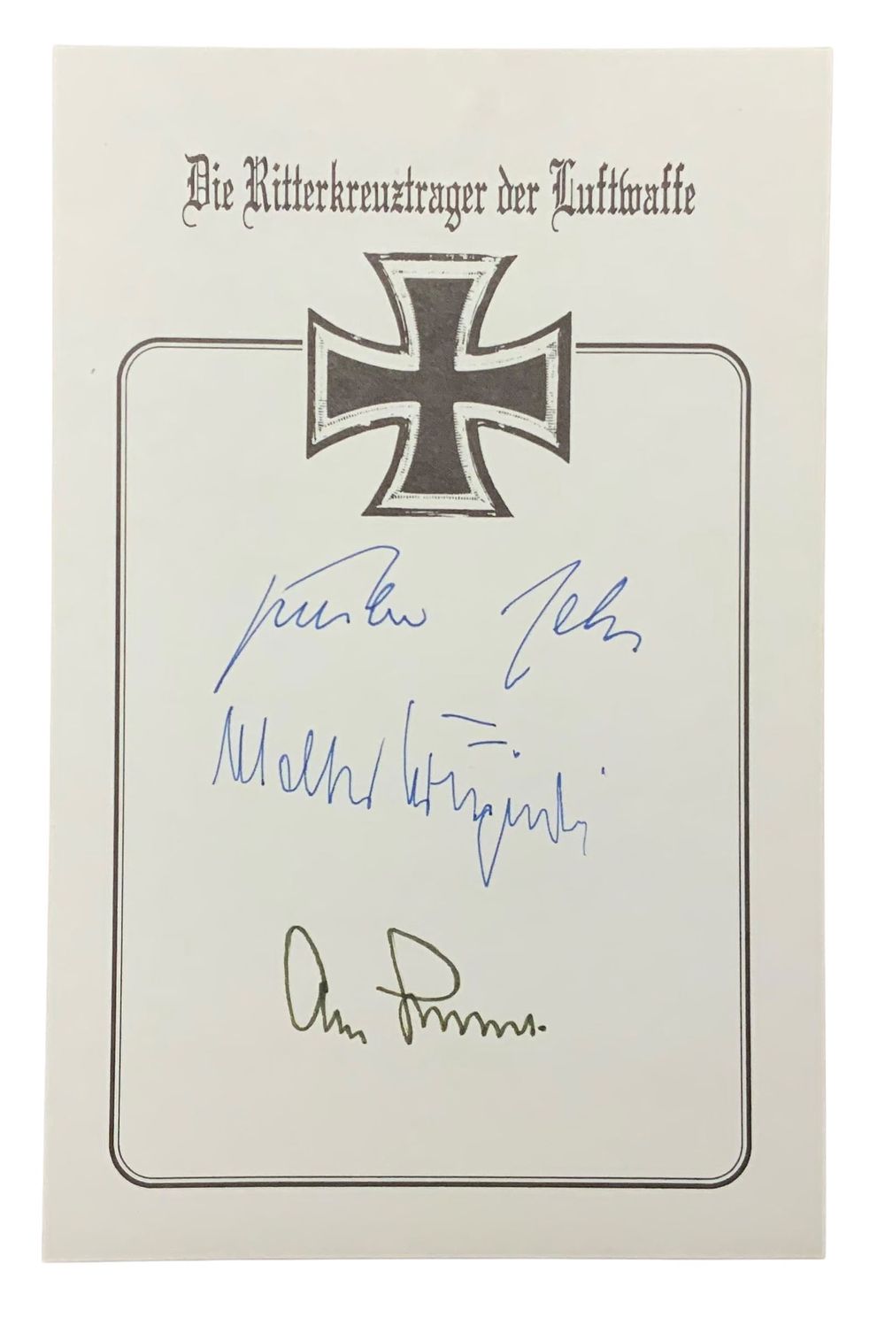 Lot 256: WWII German Luftwaffe Aces Rall, Galland & Krupinski Knights Cross Signed Book Plate