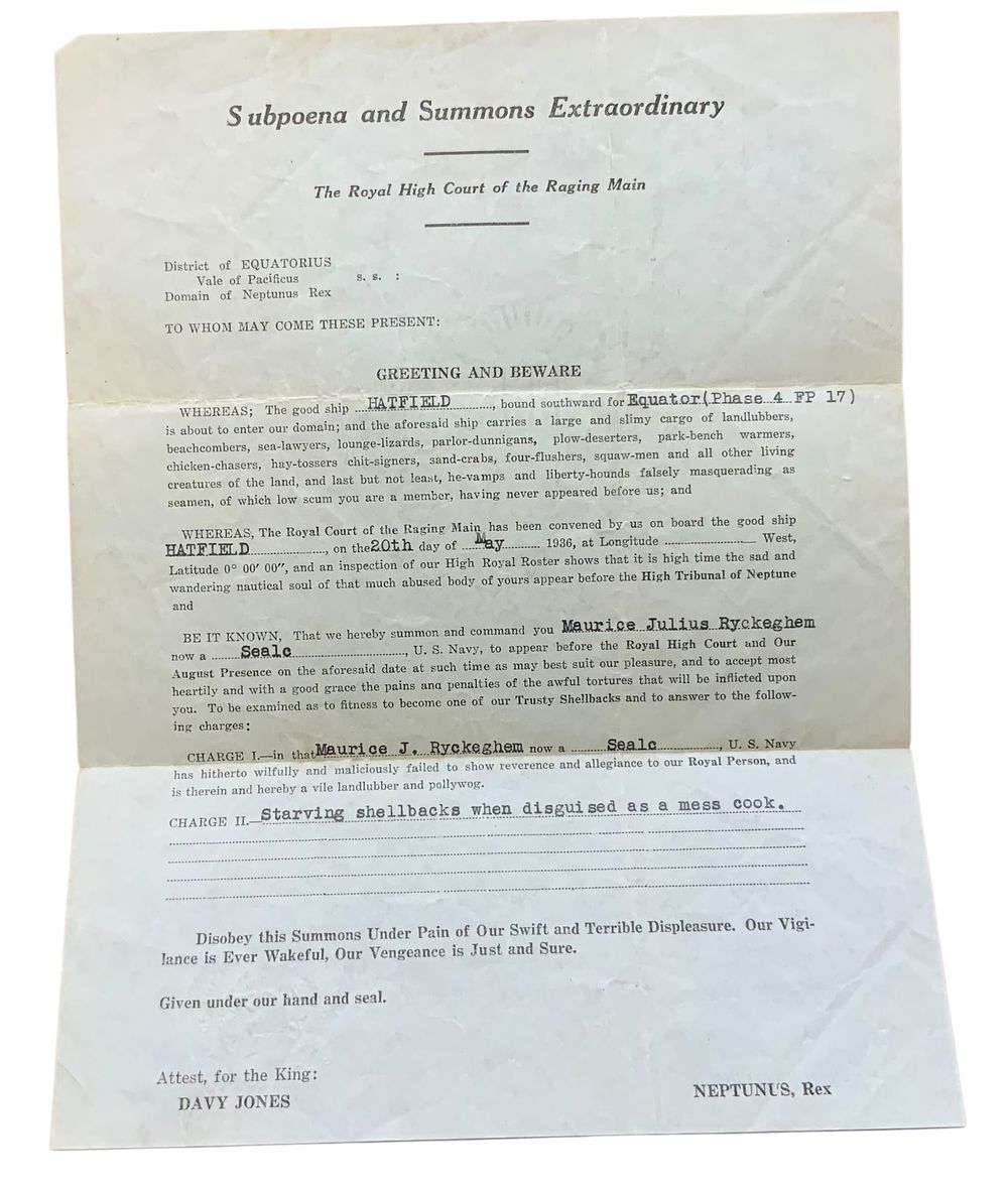 Lot 292: 1936 Navy Destroyer USS Hatfield Subpoena & Summons Extraordinary Crossing Equator Document