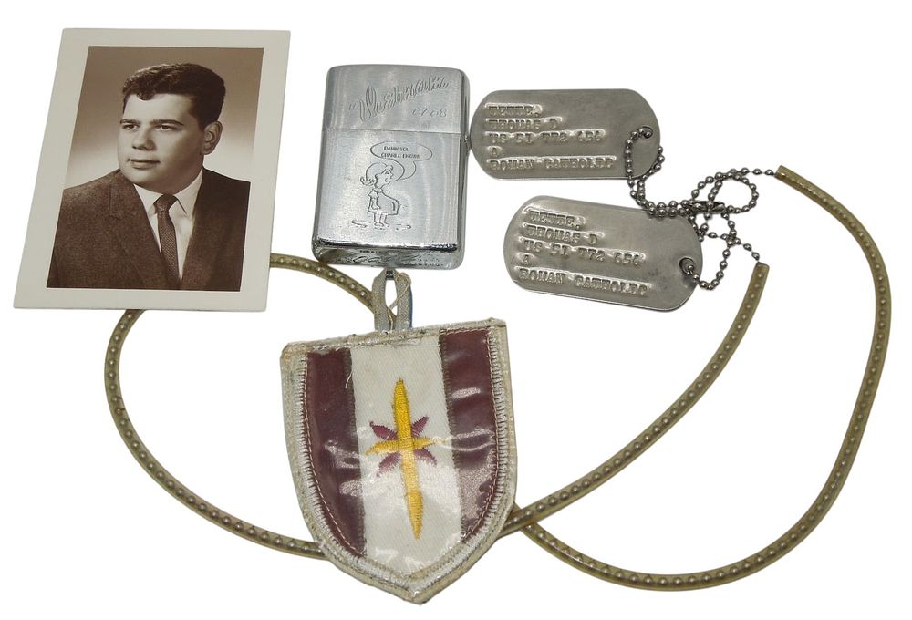 Lot 336: Vietnam War US Army Medic Dog Tags Lighter & Patch Group Charlie Brown
