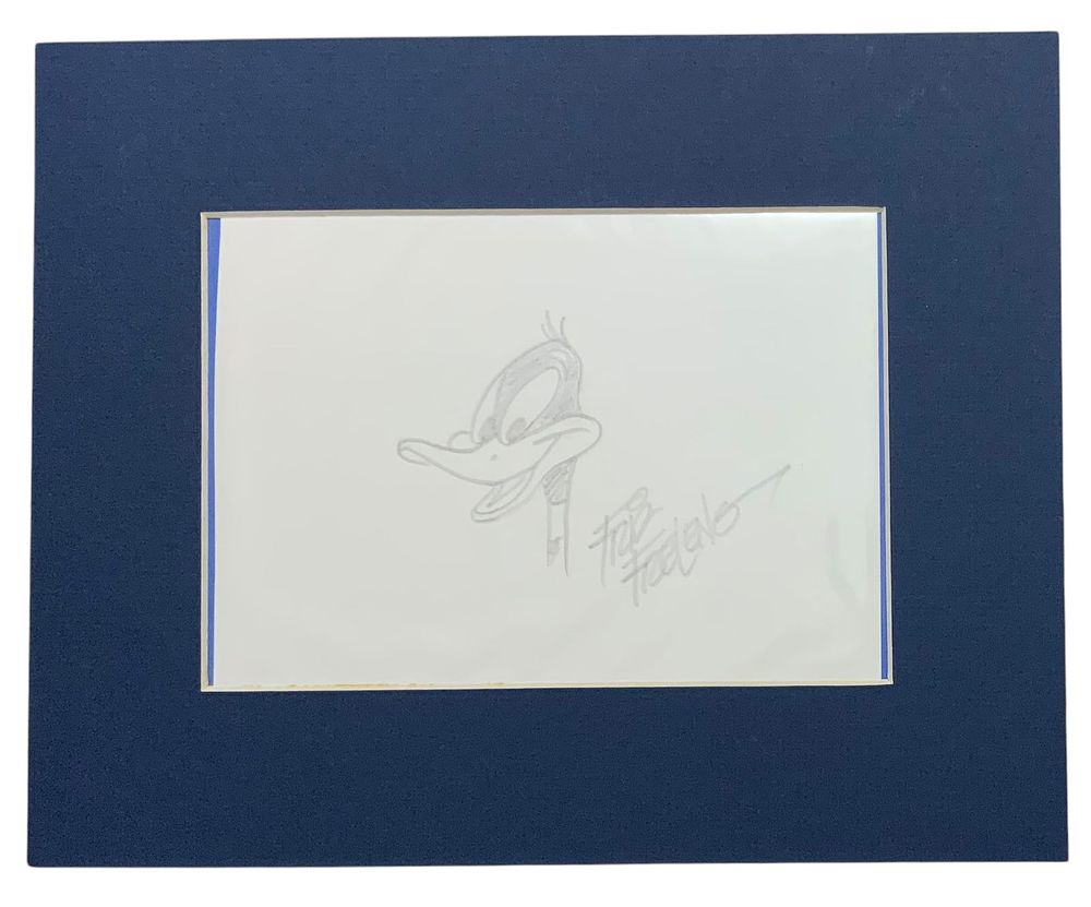 Lot 365: Friz Freleng Cartoon Animator Matted Drawn Daffy Duck & Signed Card