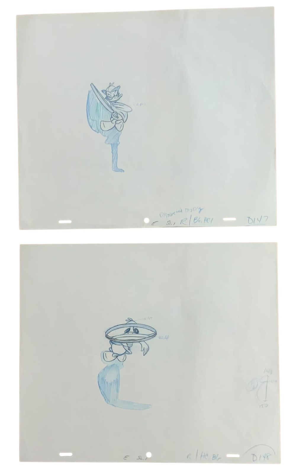 Lot 383: Disney Distorted Donald Duck Production Animation Color Pencil Drawings Lot (2) Carl Barks (?)