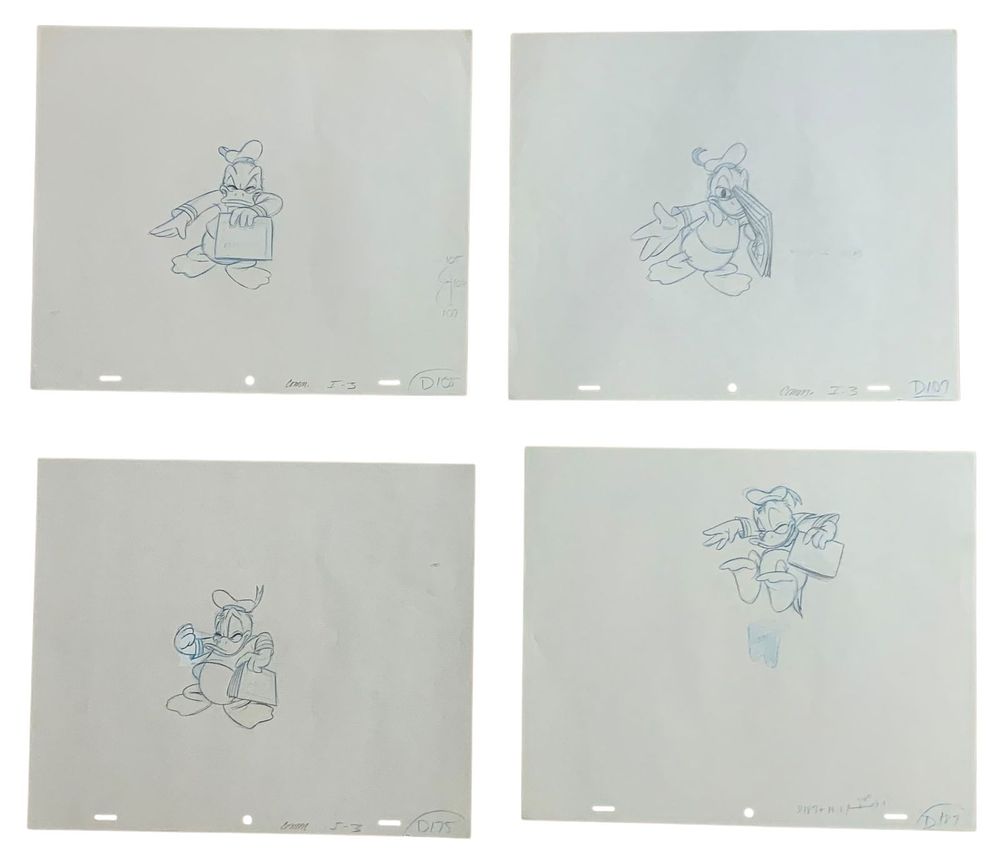Lot 389: Disney Reader Donald Duck Production Animation Color Pencil Drawings Lot (4) Carl Barks (?)