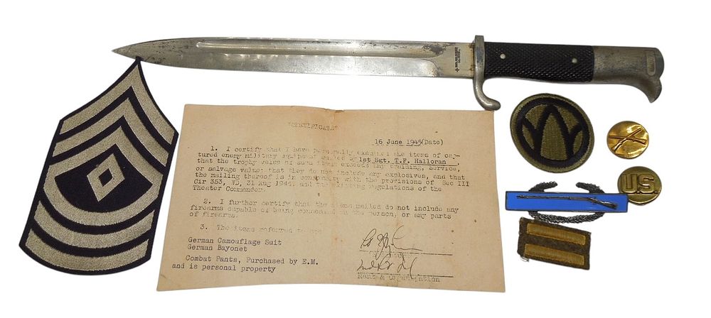 Lot 155: WWII US Army 89th Division Captured German K98 Bayonet & Document CIB Lot
