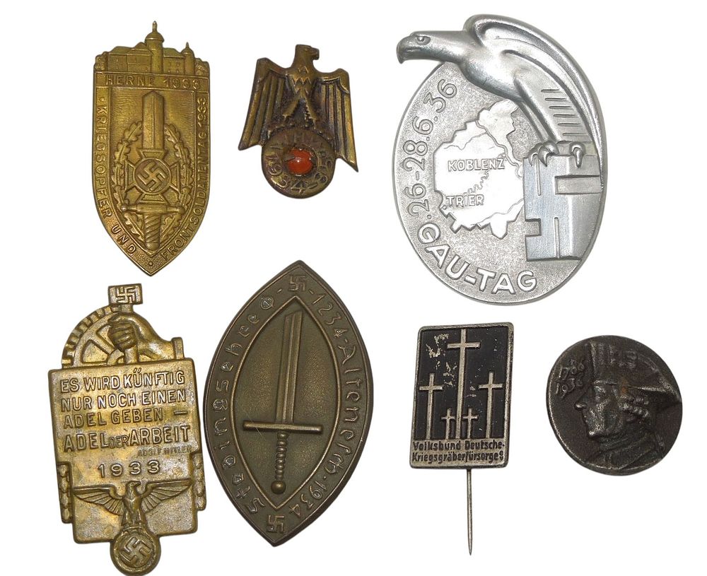 Lot 173: Lot (7) WWII German Military & Patriotic Tinnie Pins Gau Tag