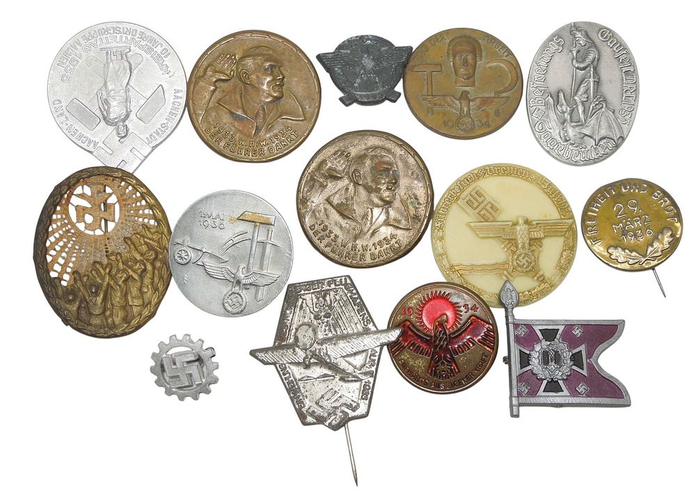 Lot 174: Lot (14) WWII German Military & Patriotic Tinnie Pins 1930s