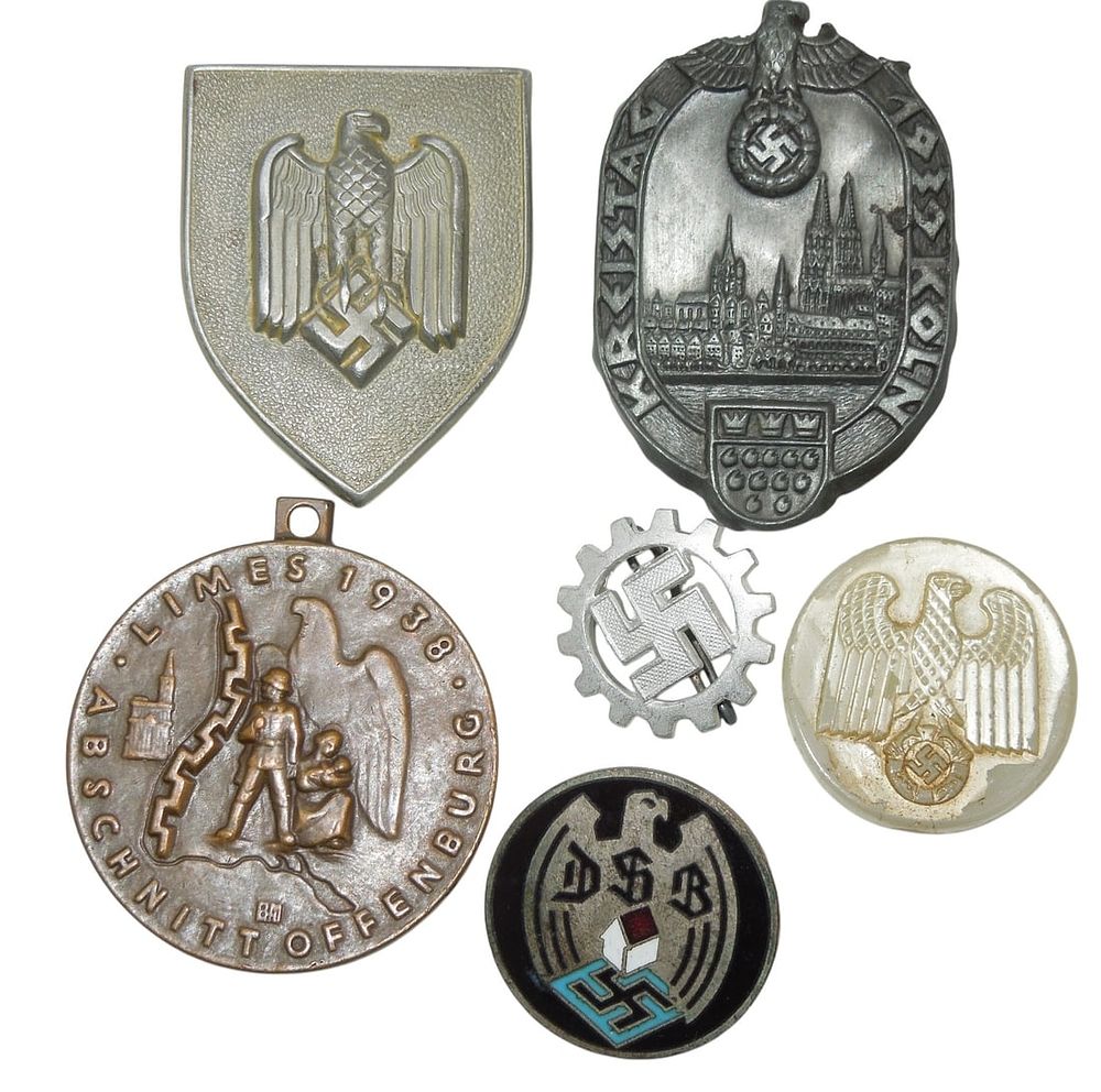 Lot 176: Lot (6) WWII German Military & Patriotic Tinnie Pins 1938 DSB
