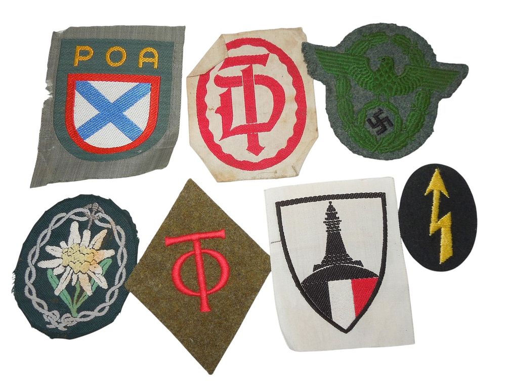 Lot 196: Lot WWII German Military Edelweiss Todt POA Police Patches Insignia