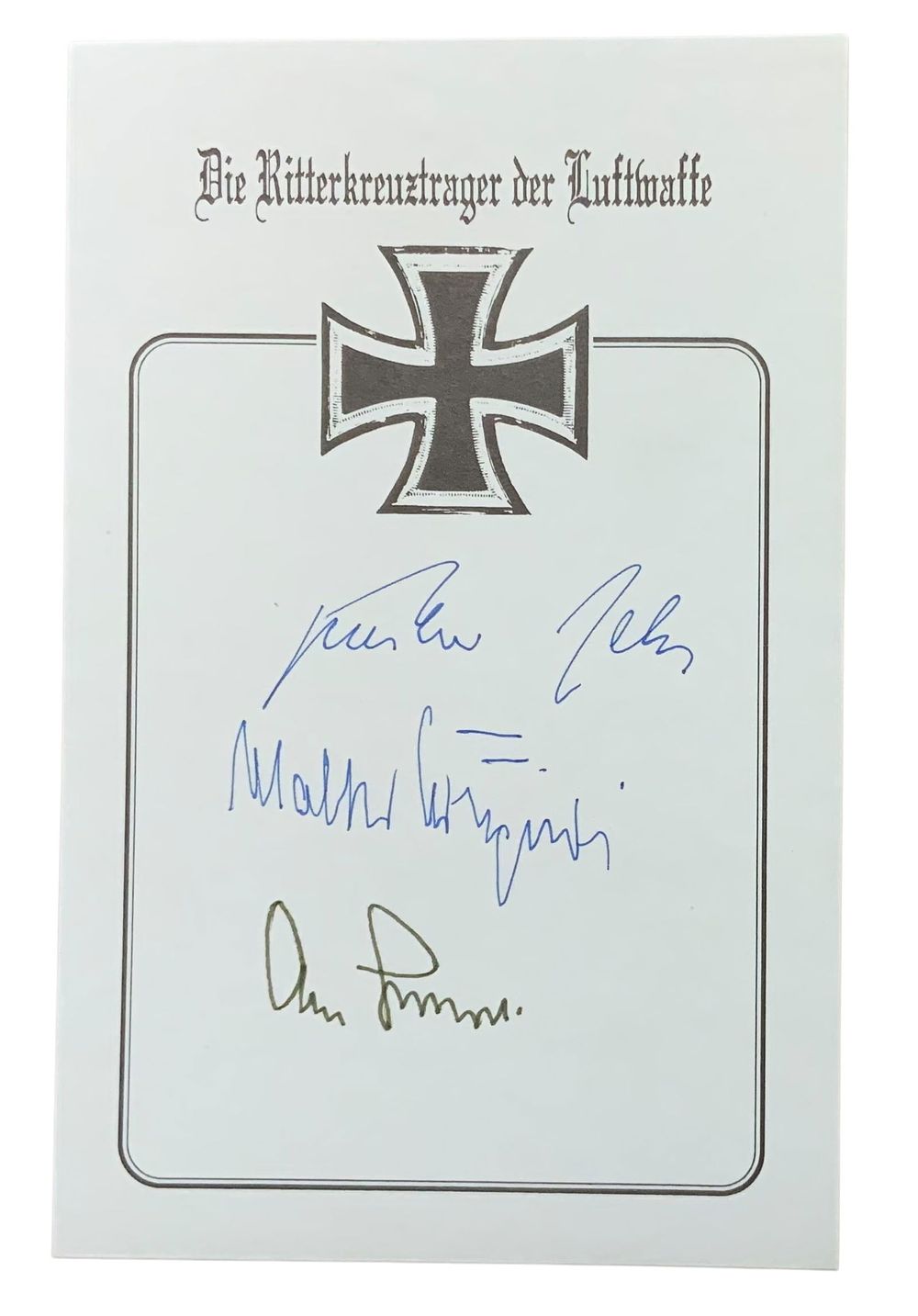 Lot 267: WWII German Luftwaffe Aces Rall, Galland & Krupinski Knights Cross Signed Book Plate
