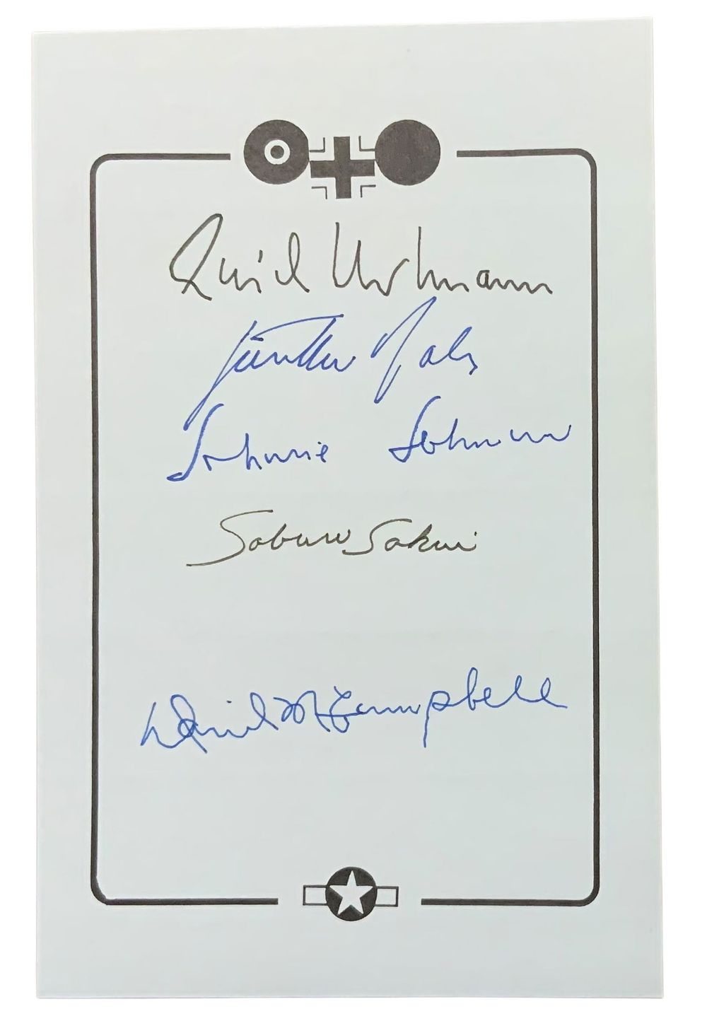 Lot 270: WWII Top Aces Signed (5) Book Plate Hartmann Rall McCampbell (MOH) Sakai Johnson