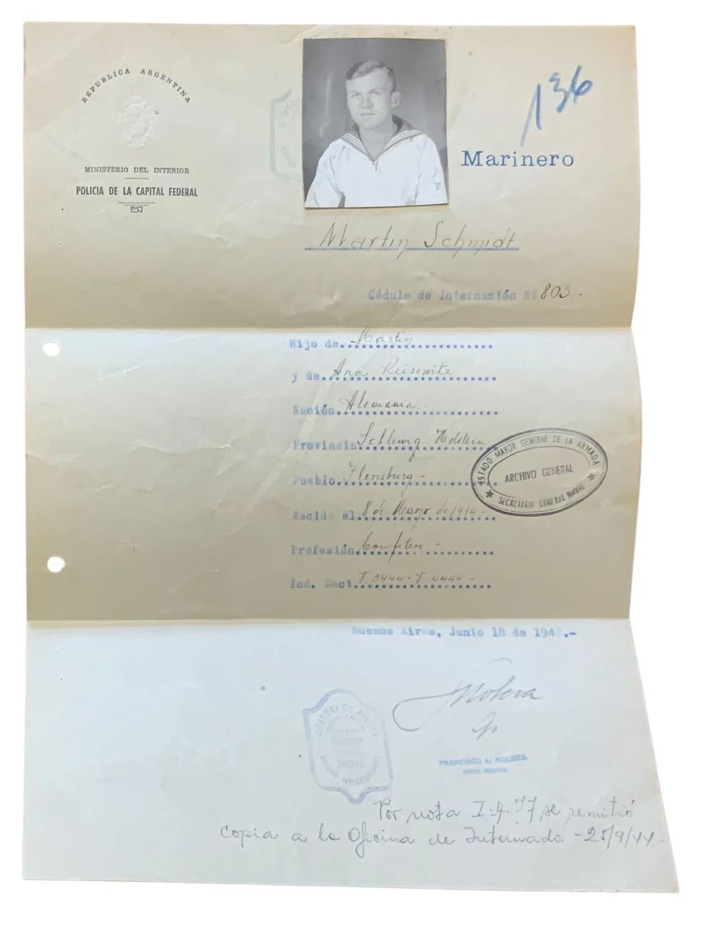 Lot 277A: WWII German Cruiser Admiral Graf Spee Argentina Internee Martin Schmidt Document
