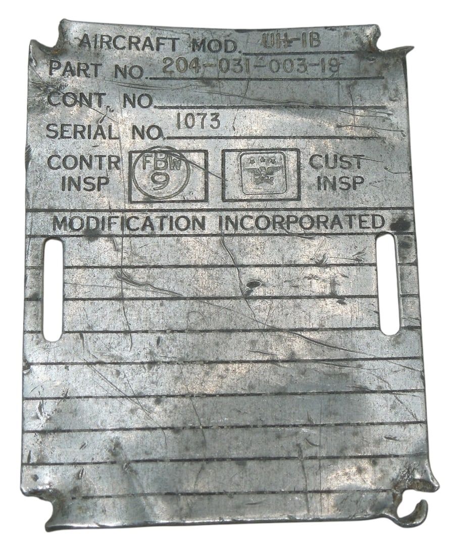 Lot 300: Vietnam War US Amy UH-1B Huey Helicopter Metal Data Plate