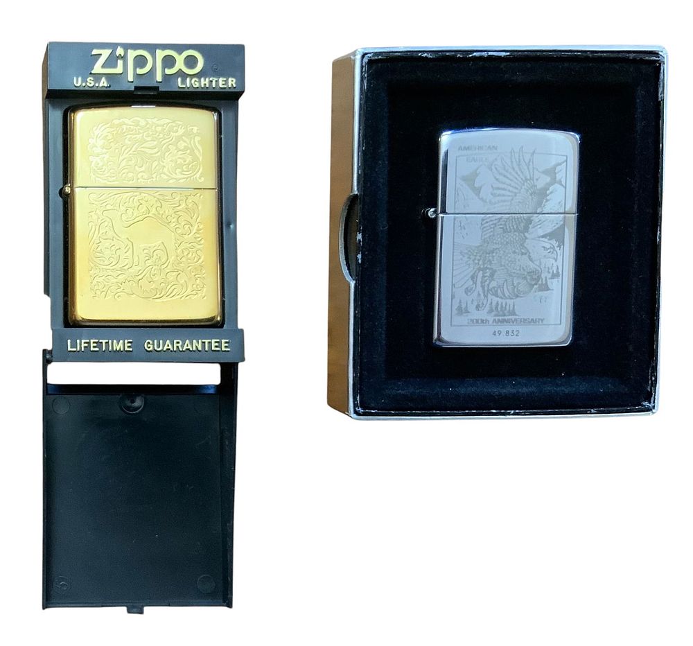 Lot 302C: 1996 & 1994 Zippo Lighters Camel Cigarettes Gold Tone & American Eagle Lot (2)