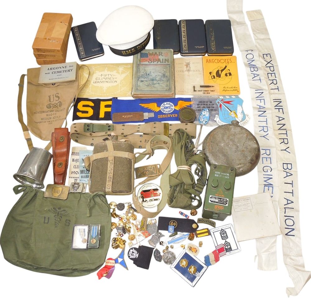 Lot 307: Lot WWII - Cold War Military Bonanza Lot Field Gear Insignia Medals