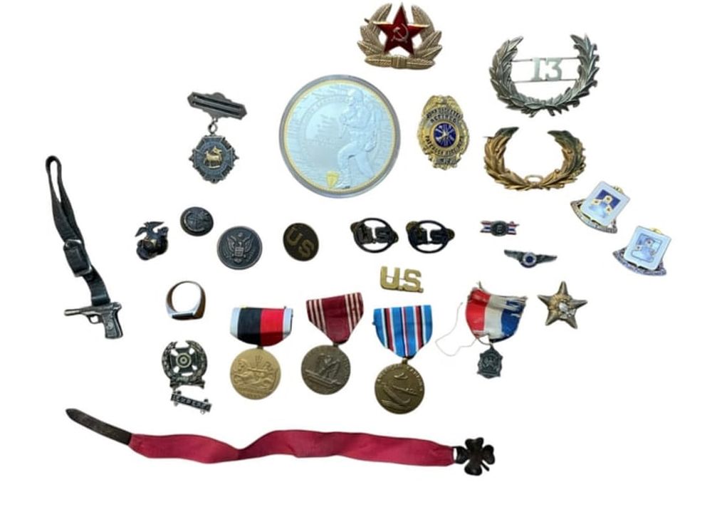 Lot 307A: WWII- Post War Medals, Collar Insignia, Badges, Sweetheart Pin, Coin Medal, plus more Lot