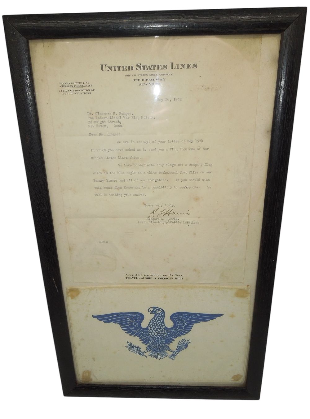 Lot 310: 1952 United States Lines Maritime Ship Flag & Letter in Frame