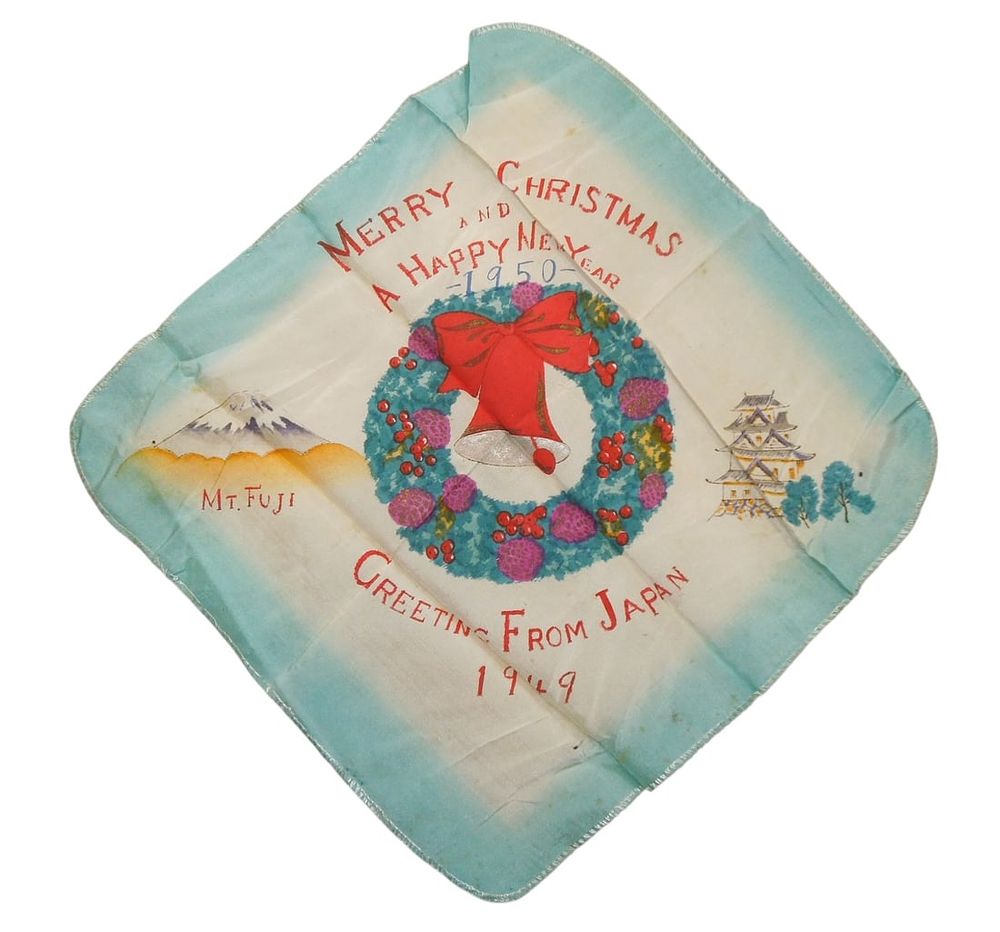 Lot 313: Occupation of Japan 1949 Silk Painted Mt. Fuji Handkerchief