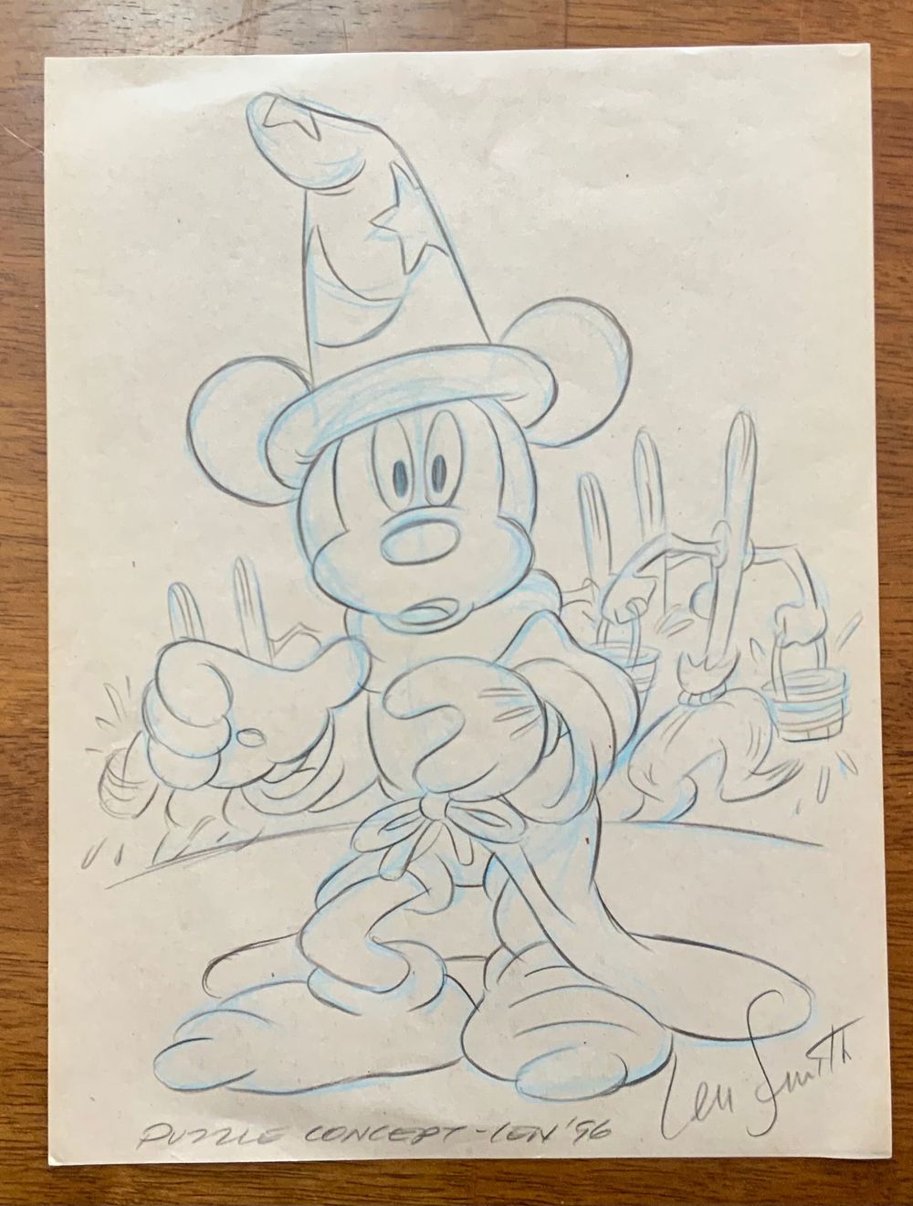 Lot 388: Disney 1996 Sorcerer Mickey Pencil Concept Color Drawing Animator Len Smith Signed #2