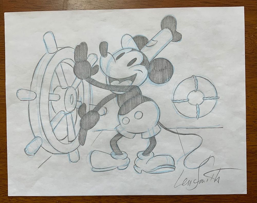 Lot 389: Disney Steamboat Willie Mickey Pencil Concept Color Drawing Animator Len Smith Signed #3