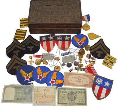 WWII Lot CBI China Burma India AAF Army Air Force Dog Tags Patches Money Pins. Lot from one 