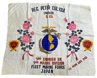 1950s Japan Hand Painted USMC 3rd Marine Division Engineer Souvenir Flag. Hand painted single 