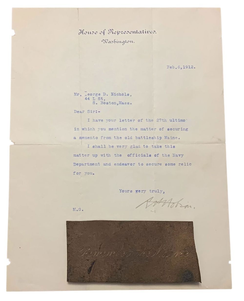 Lot 193: US Navy Battleship Maine Metal Memento & Signed Letter House of Representatives Senator Hobson