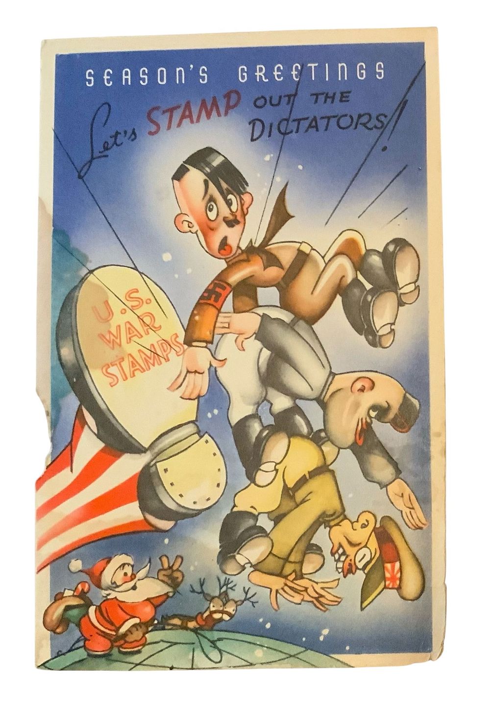 Lot 207: WWII 1942 Season’s Greetings Card Dictators Hitler, Tojo, Mussolini War Stamps Home Front