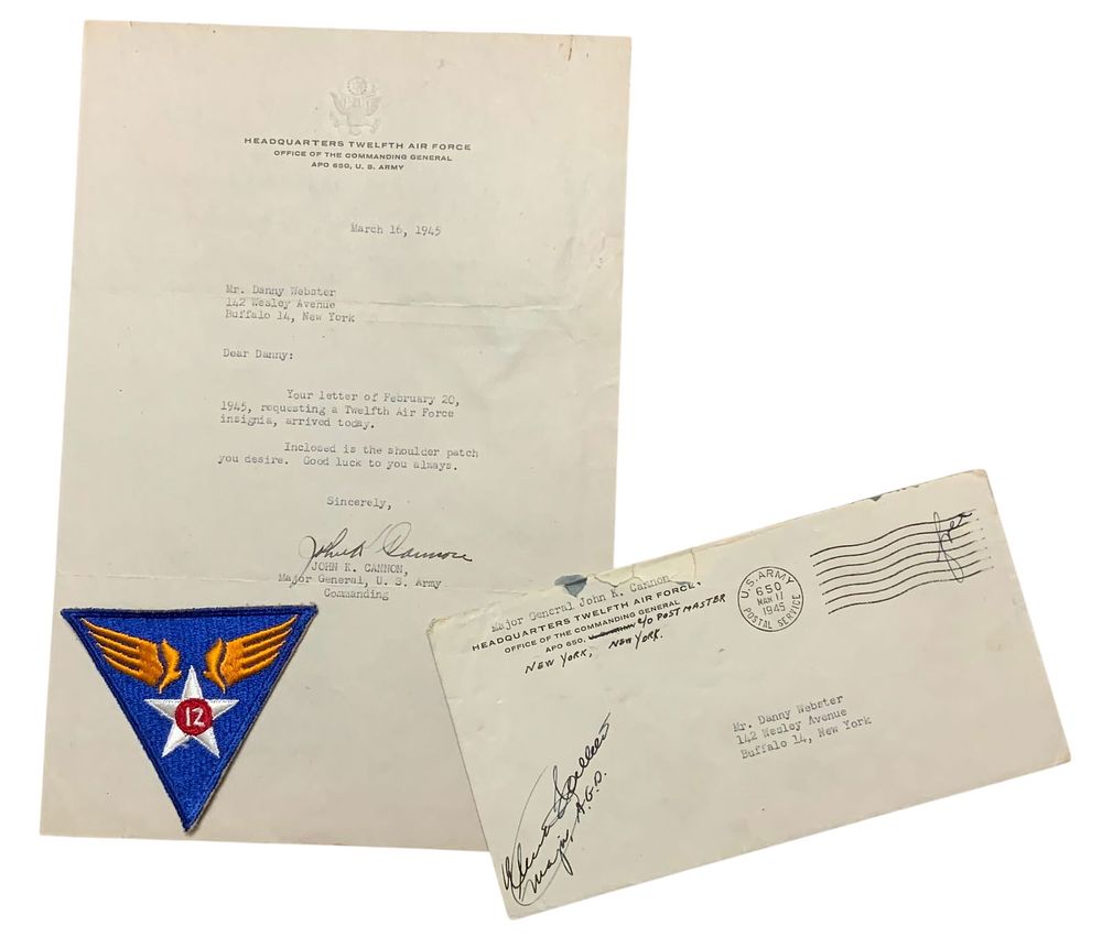 Lot 236: WWII 1945 Army MG Cannon Personal Signed Letter & 12th Air Force Patch