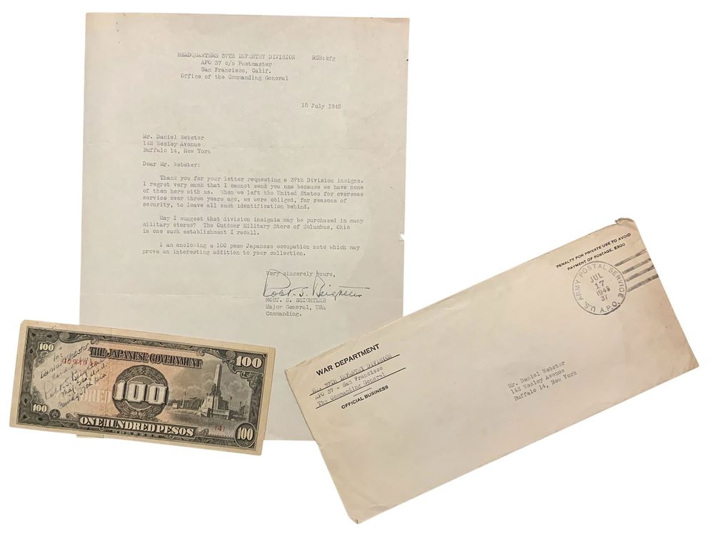 Lot 237: WWII 1945 Army Major General Beightler 37th Infantry Division Signed Letter & Signed Money