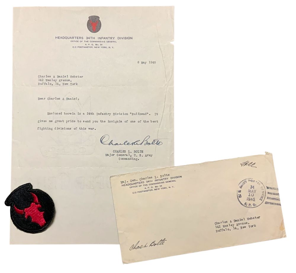Lot 238: WWII 1945 MG Bolte Signed Letter, Censored Envelope & Patch 34th Infantry Division