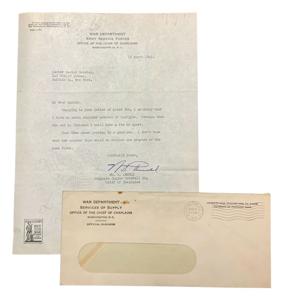 Lot 239: WWII 1945 Major General Chaplain Arnold Chief of Chaplains Signed Letter