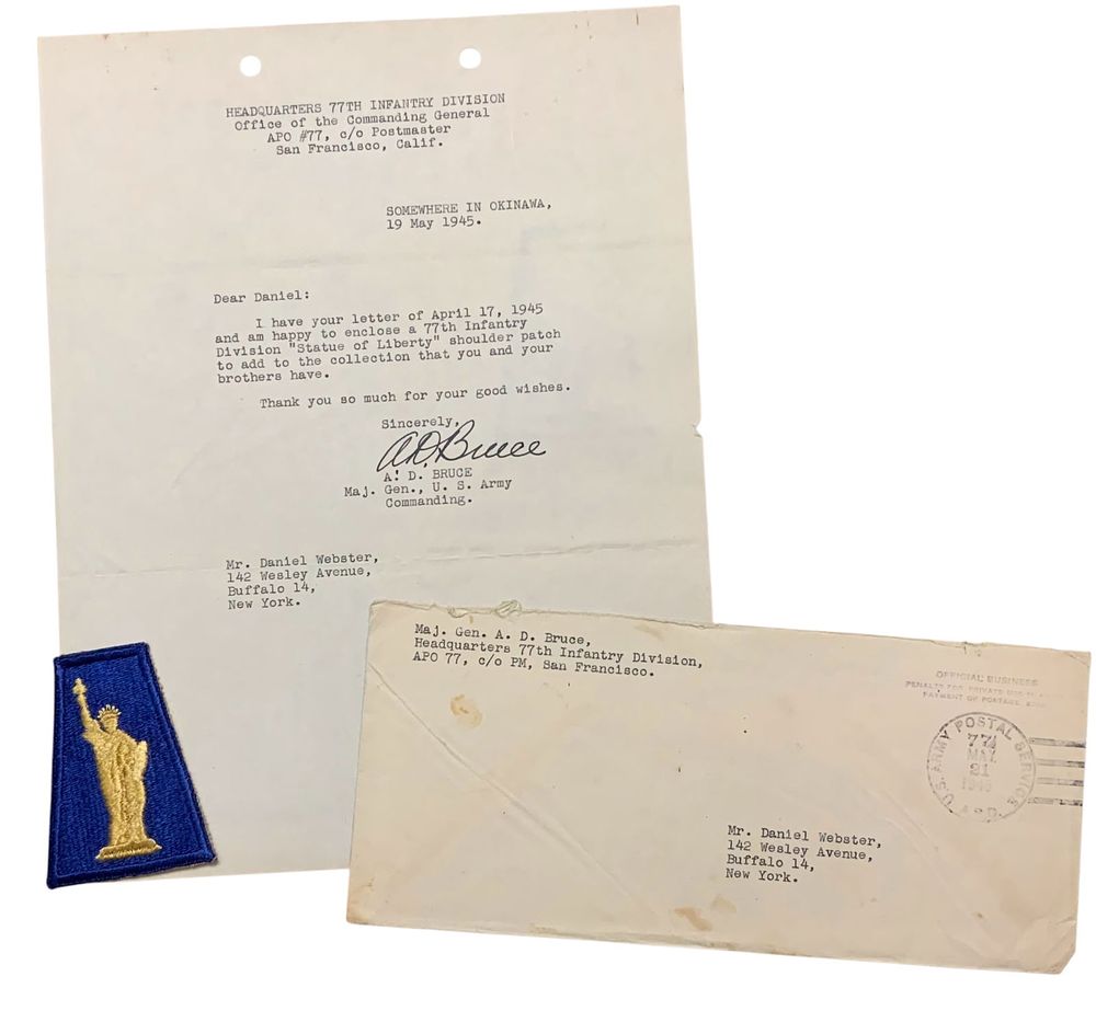 Lot 241: WWII 1945 Army MG Bruce Signed Letter & 77th Infantry Division Patch