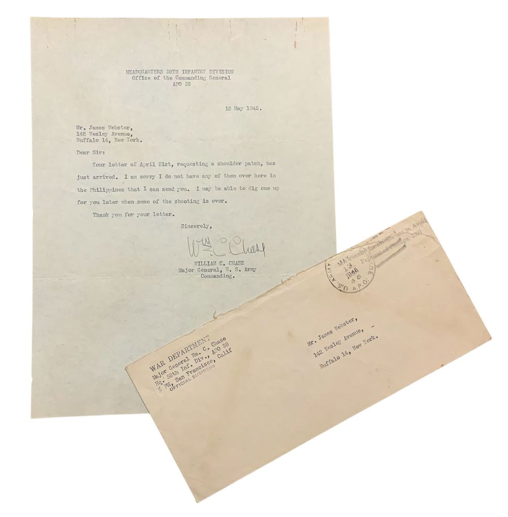 Lot 242: WWII 1945 Army 38th Infantry Division MG Chase Signed Letter