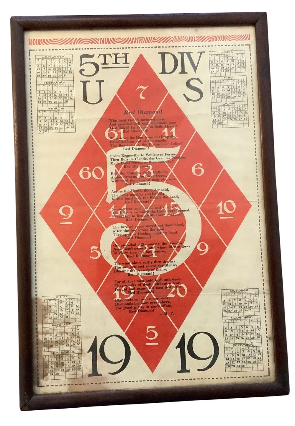 Lot 244: WWI 1919 US Army Framed 5th Fifth Infantry Division Red Diamond Calendar