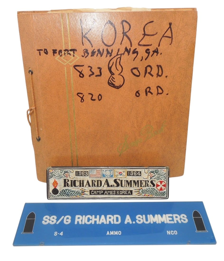 Lot 260: Lot 1960s Korea US Army Ordnance Corps Scrapbook Album & Desk Plates