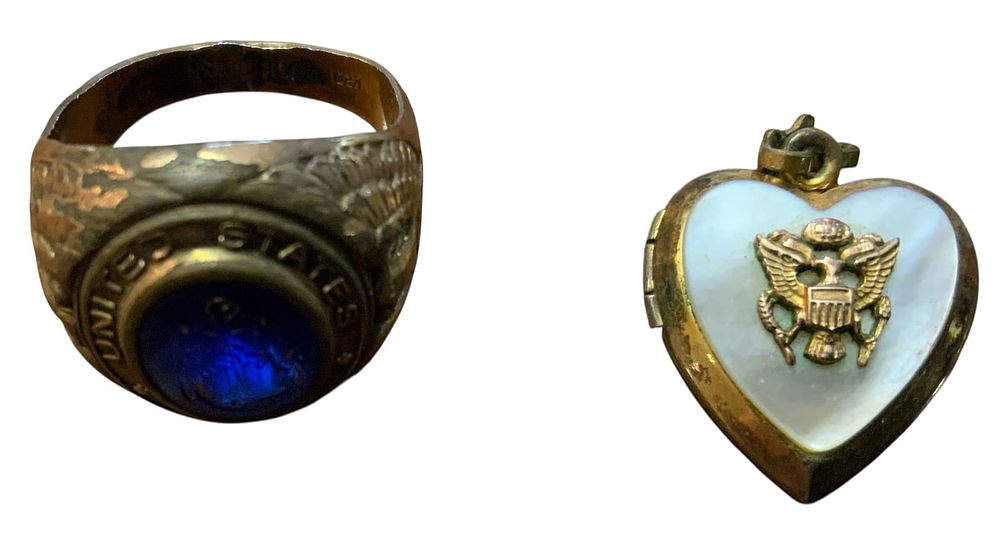 Lot 373: WWII Era Jewelry Sweetheart Army Heart Locket & Navy Ring