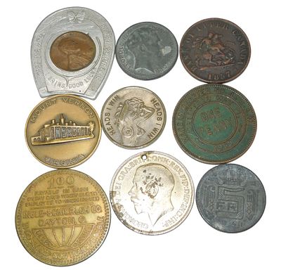 1800s - WWII Coins Currency Good Luck Tokens. Lot as shown. Condition: See description for notes 