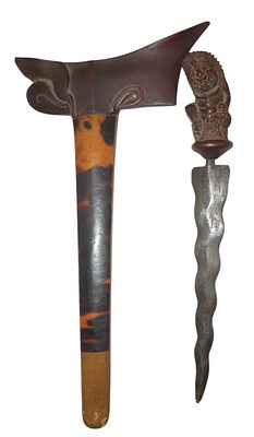 Early 1900s Indonesian Carved Keris Dagger & Scabbard. The cross guard is detached and can be 