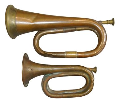 WWI Era Military Bugles. Lot of two as shown. No markings. The small one has a crack in the horn 