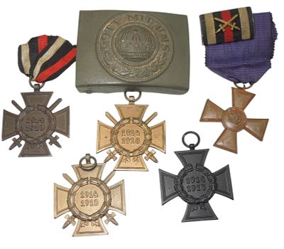 WWI German Imperial Army Hindenburg Cross Ribbon & Belt Buckle Medal Lot. Original as shown. 