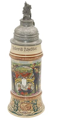 WWI German Bavarian Named Regimental Soldier Stein. Original as shown. Top piece is broken off. 