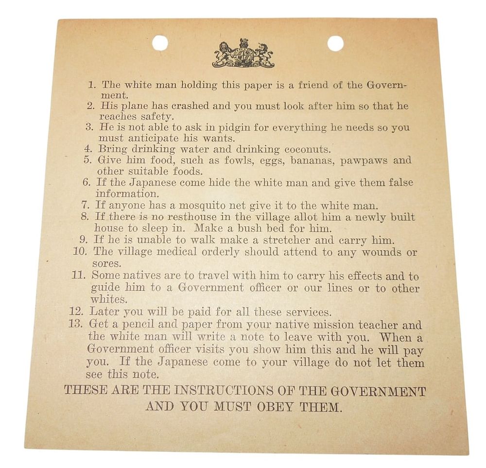Lot 178: WWII British & US Pidgin English Pilot Blood Chit Paper For Native Islanders