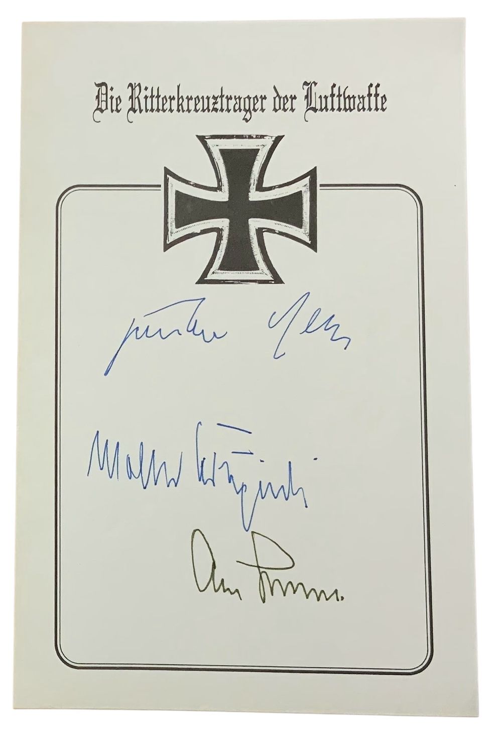 Lot 235: WWII German Luftwaffe Aces Rall, Galland & Krupinski Knights Cross Signed Book Plate