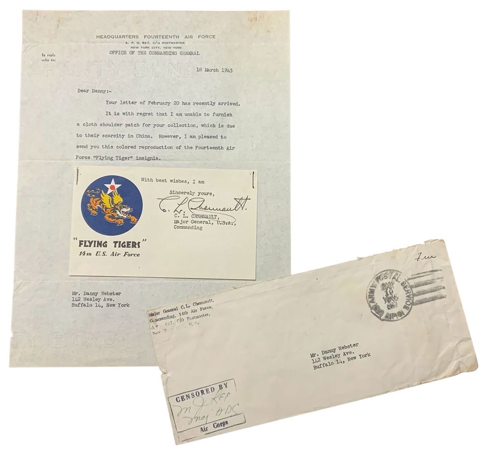 Lot 239: WWII 1945 General Chennault Signed Letter & 14th Army Air Force Flying Tigers Emblem