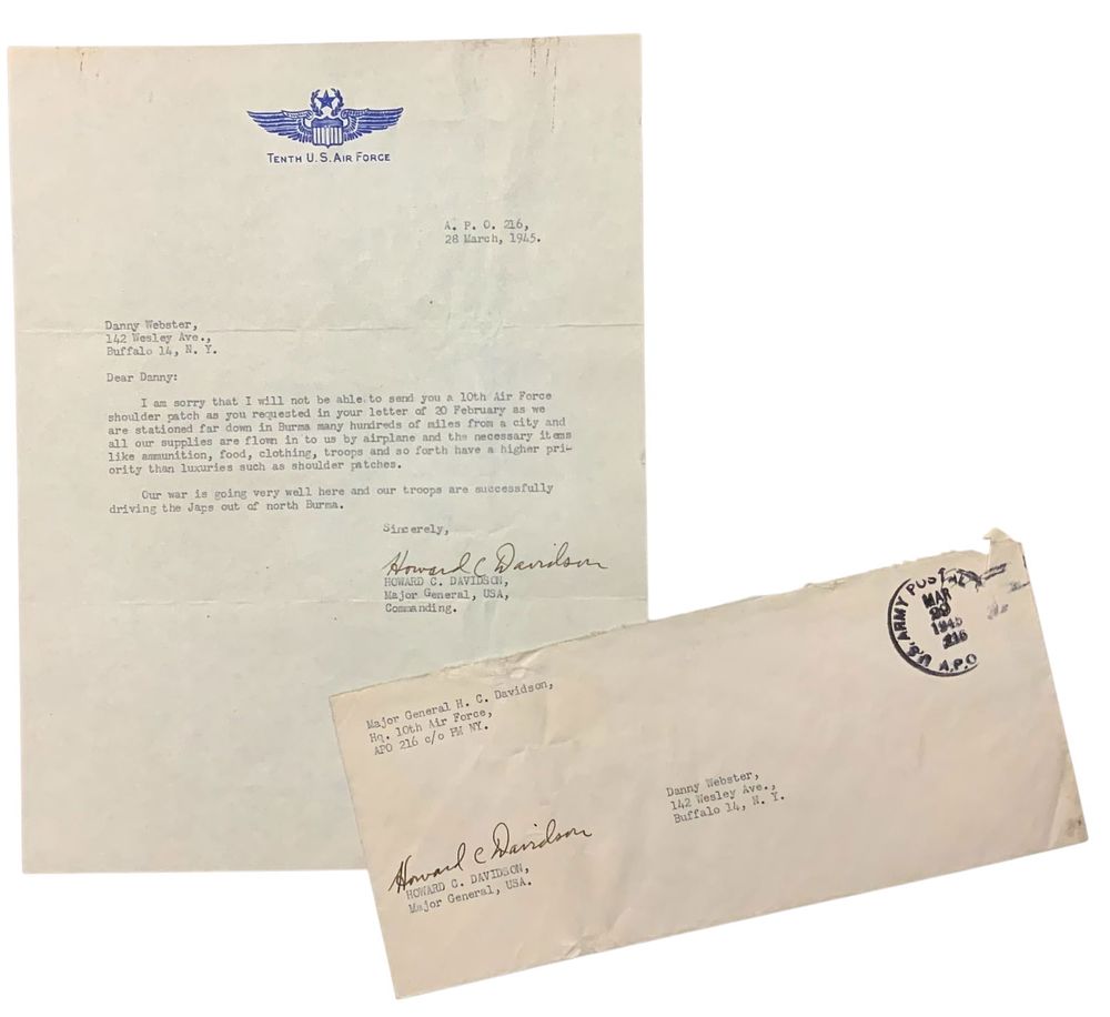 Lot 243: WWII 1945 10th Air Force Burma Signed Letter & Envelope Pearl Harbor Survivor MG Davidson