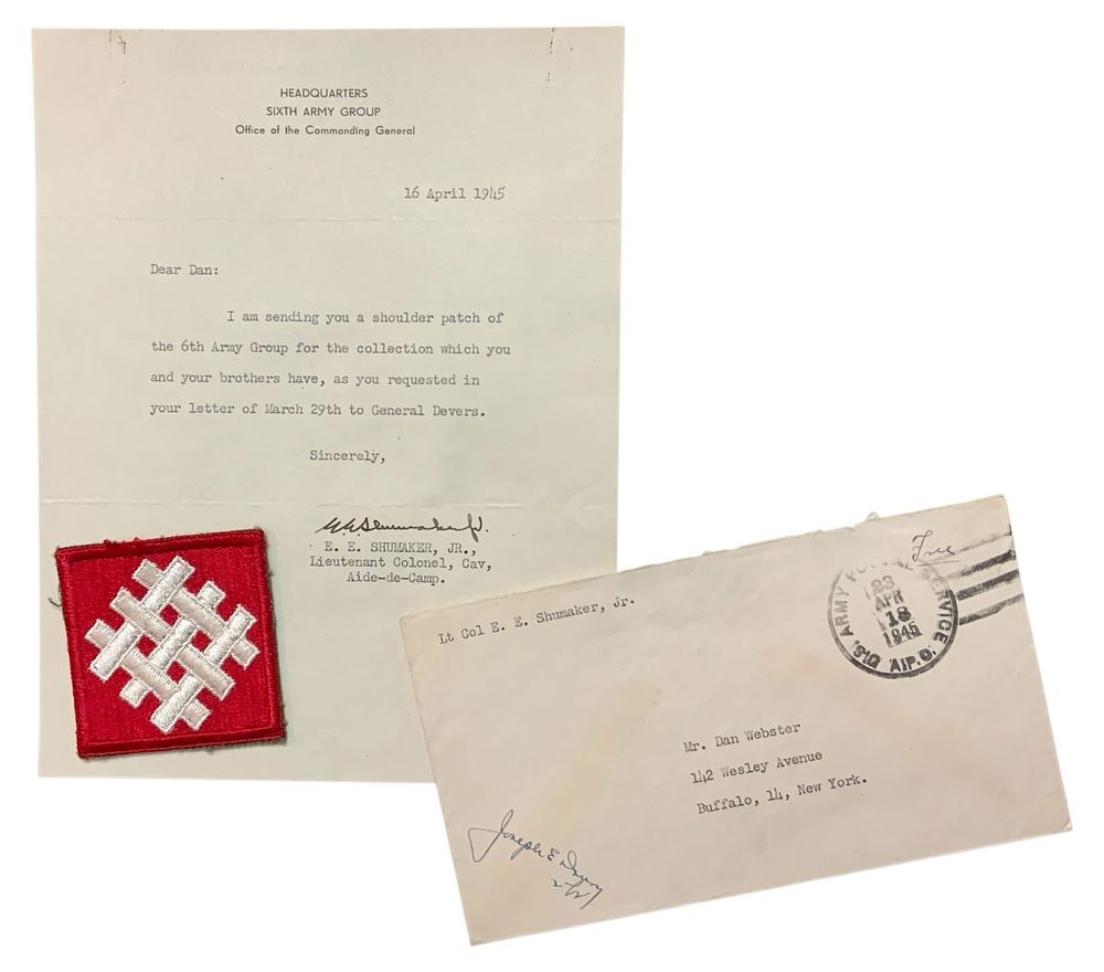 Lot 244: WWII 1945 6th Sixth Army Signed Letter & Patch