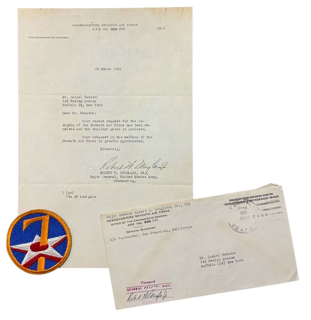 Lot 245: WWII 1945 7th Air Force Signed Letter, Envelope & Patch General Douglass
