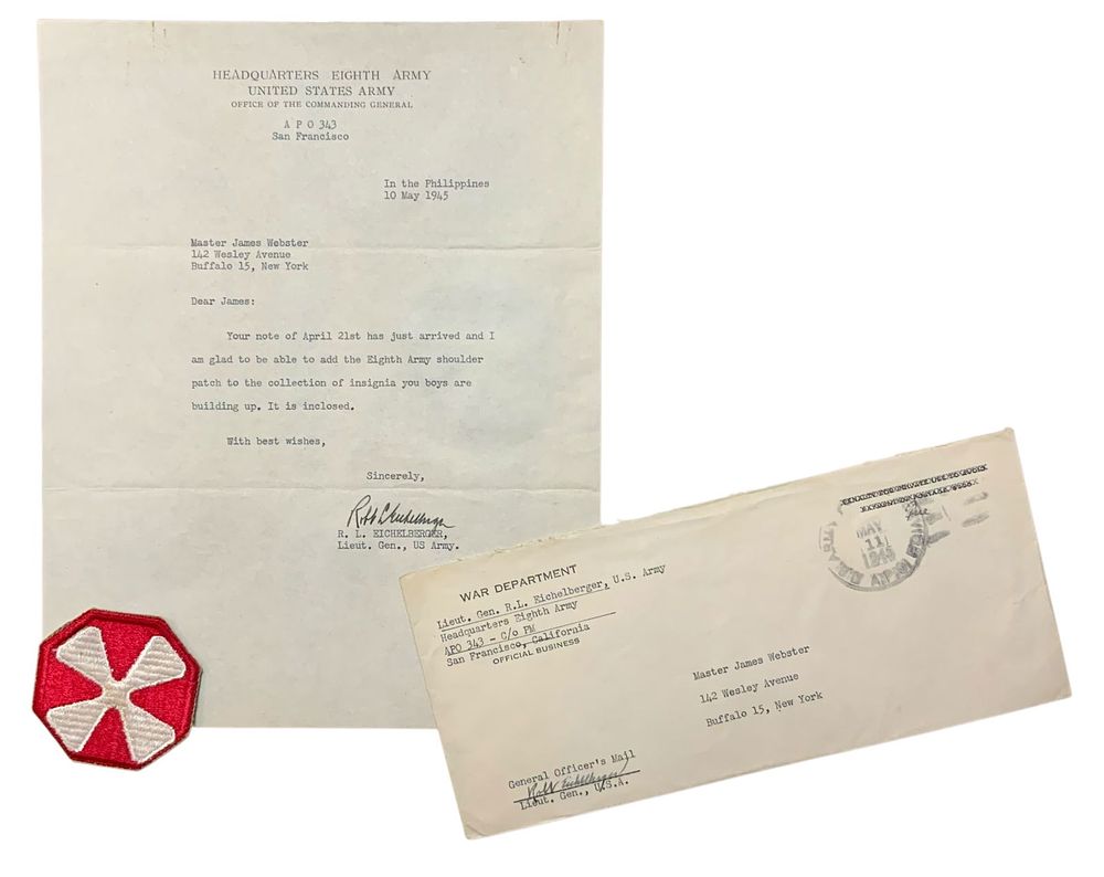 Lot 247: WWII 1945 8th Army Signed Letter, Envelope & Patch General Eichelberger